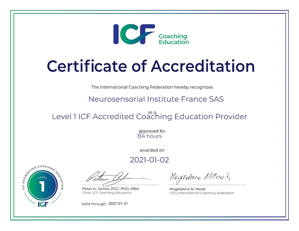 Certificat ICF : Neurosensorial Institute France SAS, organisme de formation accrédité Level 1 par ICF