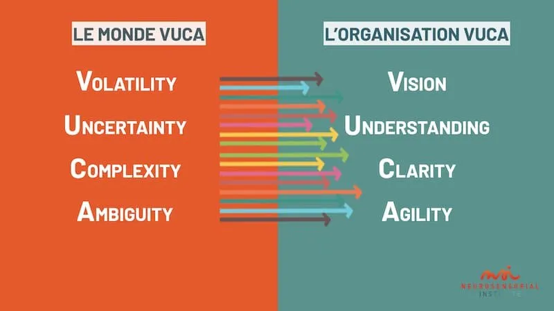 Le monde VUCA (volatilité, incertitude, complexité, ambiguïté) face à l’organisation VUCA (vision, compréhension, clarté, agilité)